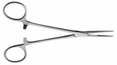 Hemostatic Forceps V. Mueller® Kelly 5-1/2 Inch Length OR / Surgical Grade German Stainless Steel NonSterile Locking Finger Ring Handle Curved Serrated Tips