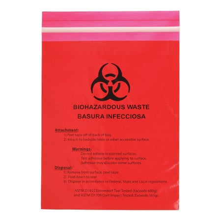 Stick on Biohazard Waste Bag Biohazard Symbol 0.65 gal. Red 12 X 14 Inch