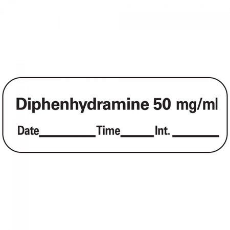 Drug Label PDC® Anesthesia Label Diphenhydramine 50 mg/mL Date_Time_Int_ White 1/2 X 1-1/2 Inch