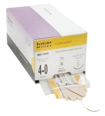 Absorbable Suture with Needle Integra® Miltex Plain Gut C-6 3/8 Circle Reverse Cutting Needle Size 4-0 Monofilament