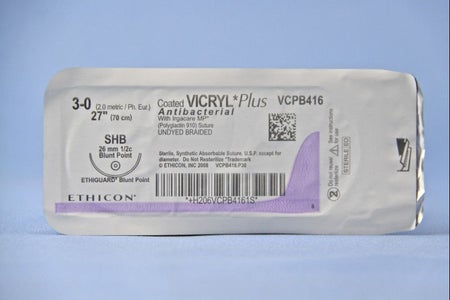 Absorbable Antibacterial Suture with Needle Coated Vicryl™ Plus Polyglactin 910 SHB 1/2 Circle Blunt Point Needle Size 3-0 Braided