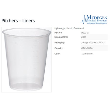 Pitcher Liner Medegen Translucent, Polystyrene, Graduated, 28 oz.