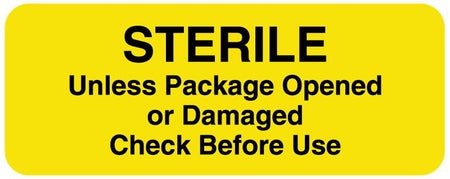 Pre-Printed Label Auxiliary Label Yellow Tyvek® STERILE Unless Package Opened or Damaged Check Before Use Black Safety and Instructional 7/8 X 2-1/4 Inch