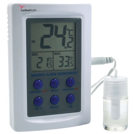 Digital Refrigerator / Freezer Thermometer with Alarm CardinalHealth™ Fahrenheit / Celsius -58° to +158°F (-50° to +70°C) Bottle Probe Desk / Wall / Door Mount Battery Operated