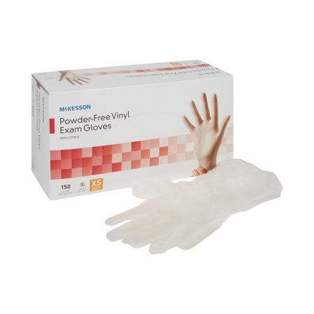 Exam Glove McKesson X-Small 150 per Box NonSterile Vinyl Standard Cuff Length Smooth Clear Not Rated