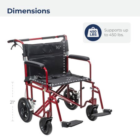 Transport Chair drive™ 22 Inch Seat Width Full Length Arm Swing-Away Footrest Aluminum Frame with Blue Finish
