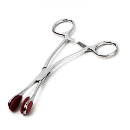 Tongue Holding Forceps ADC® Young 6-1/2 Inch Length Floor / Office Grade Stainless Steel / Rubber NonSterile Locking Finger Ring Handle Straight Serrated Oval Tips