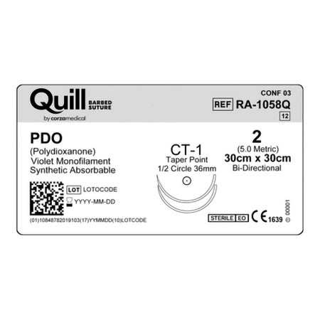Absorbable Quill Barbed Suture with Needle Quill™ Polydioxanone CT-1 1/2 Circle Taper Point Needle Size 2 Barbed Monofilament