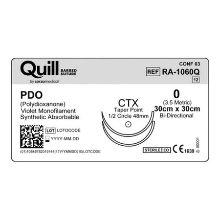 Absorbable Quill Barbed Suture with Needle Quill™ Polydioxanone CTX 1/2 Circle Taper Point Needle Size 0 Barbed Monofilament