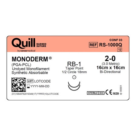 Absorbable Quill Barbed Suture with Needle Monoderm™ Polyglycolic Acid RB-1 1/2 Circle Taper Point Needle Size 2-0 Barbed Monofilament