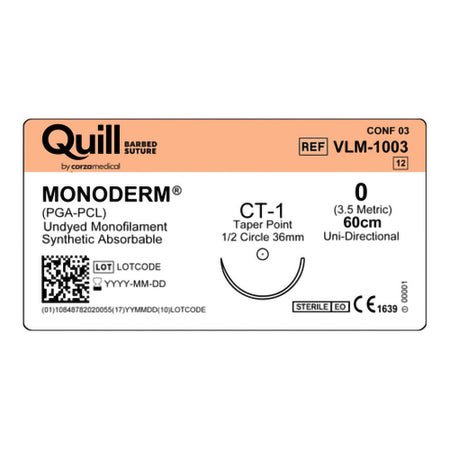 Absorbable Quill Barbed Suture with Needle Quill™ Monoderm™ Polyglycolic Acid / PCL CT-1 1/2 Circle Taper Point Needle Size 0 Barbed Monofilament