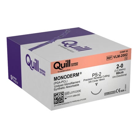 Absorbable Quill Barbed Suture with Needle Quill™ Monoderm™ Polyglycolic Acid / PCL PS-2 3/8 Circle Reverse Cutting Needle Size 2-0 Barbed Monofilament