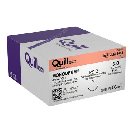 Absorbable Quill Barbed Suture with Needle Quill™ Monoderm™ Polyglycolic Acid / PCL PS-2 3/8 Circle Reverse Cutting Needle Size 3-0 Barbed Monofilament