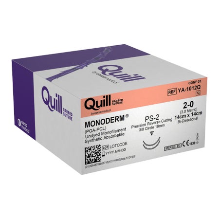 Absorbable Suture with Needle Quill™ Monoderm™ Polyglycolic Acid / PCL PS-2 3/8 Circle Precision Reverse Cutting Needle Size 2-0 Barbed Monofilament