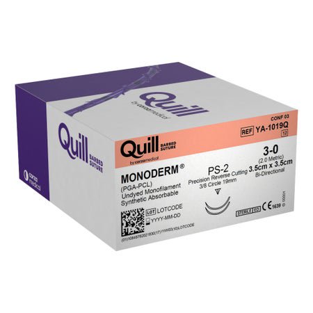 Absorbable Suture with Needle Quill™ Monoderm™ Polyglycolic Acid / PCL PS-2 3/8 Circle Precision Reverse Cutting Needle Size 3-0 Barbed Monofilament