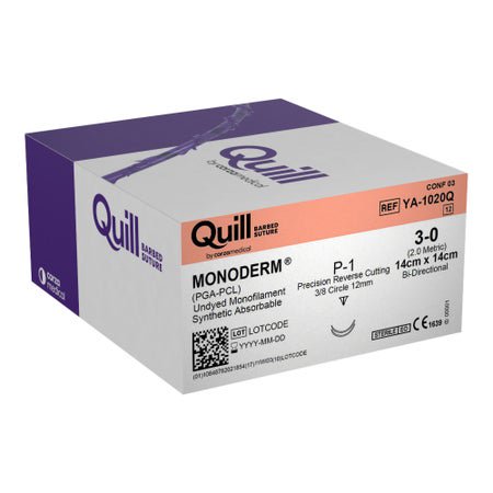 Absorbable Suture with Needle Quill™ Monoderm™ Polyglycolic Acid / PCL P-1 3/8 Circle Precision Reverse Cutting Needle Size 3-0 Barbed Monofilament