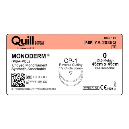 Absorbable Suture with Needle Quill™ Monoderm™ Polyglycolic Acid / PCL CP-1 1/2 Circle Precision Reverse Cutting Needle Size 0 Barbed Monofilament