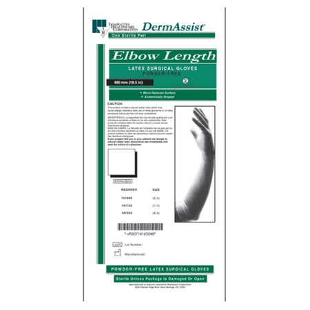 Surgical Glove DermAssist® Elbow Length Size 8.5 25 Pairs per Box Sterile Latex Extended Cuff Length Fully Textured White Not Chemo Approved