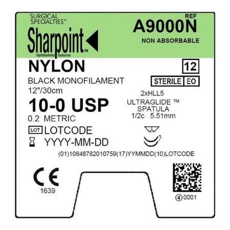 Nonabsorbable Suture with Needle Surgical Specialties™ Nylon HGL5 1/2 Circle Ophthalmic Spatula Needle Size 10-0 Monofilament