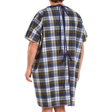 Patient Exam Gown TieBack™ One Size Fits Most Blue Plaid Print Reusable