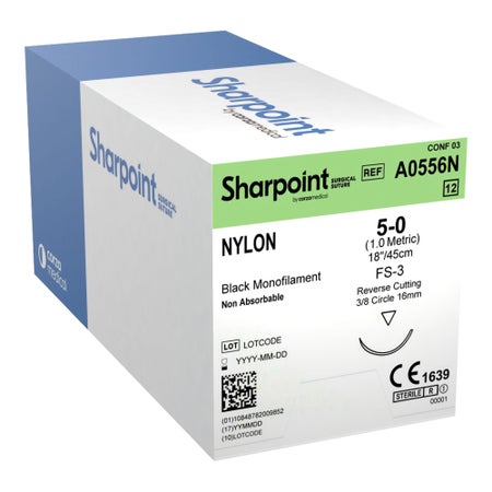 Nonabsorbable Suture with Needle Surgical Specialties™ Nylon DS16 3/8 Circle Reverse Cutting Needle Size 5-0 Monofilament