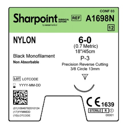 Nonabsorbable Suture with Needle Surgical Specialties™ Nylon DSM13 3/8 Circle Precision Reverse Cutting Needle Size 6-0 Monofilament