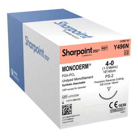 Absorbable Suture with Needle Monoderm™ Polyglycolic Acid / PCL PS-2 3/8 Circle Precision Reverse Cutting Needle Size 4-0 Monofilament