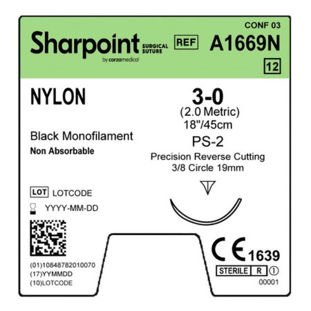 Nonabsorbable Suture with Needle Surgical Specialties™ Nylon DSM18 3/8 Circle Precision Reverse Cutting Needle Size 3-0 Monofilament