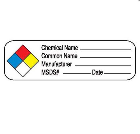 Pre-Printed Label Caution Label White Paper Chemical Name _____ / Common Name ______ / Manufacturer _______ MSDS# ______ Date ____ Black Biohazard 3/4 X 2-1/2 Inch