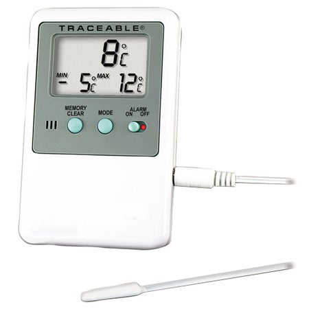 Digital Refrigerator / Freezer Thermometer with Alarm Traceable® Fahrenheit / Celsius -58° to +158°F (-50° to +70°C) Bullet Probe Multiple Mounting Options Battery Operated