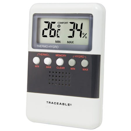 Digital Thermometer / Hygrometer Traceable® Fahrenheit / Celsius 32° to 122°F Solid State Sensors Flip-out Stand / Wall Mount Battery Operated