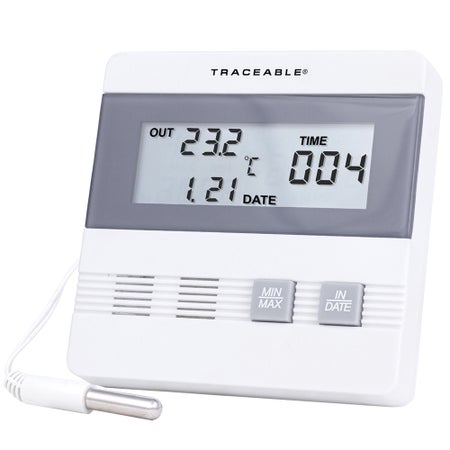 Digital Refrigerator / Freezer Thermometer with Alarm Traceable® Fahrenheit / Celsius -40° to +176°F (-40° to +80°C) External Probe Flip-out Stand / Wall Mount