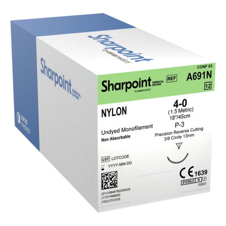 Nonabsorbable Suture with Needle Surgical Specialties™ Nylon P-3 3/8 Circle Precision Reverse Cutting Needle Size 4-0 Monofilament