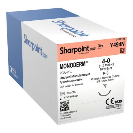 Absorbable Suture with Needle Monoderm™ Polyglycolic Acid / PCL P-3 3/8 Circle Precision Reverse Cutting Needle Size 4-0 Barbed Monofilament