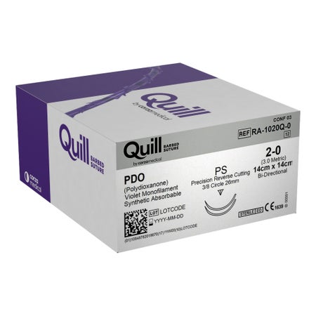 Absorbable Quill Barbed Suture with Needle Quill™ Polydioxanone 2DE-14 3/8 Circle Reverse Cutting Needle Size 2-0 Barbed Monofilament