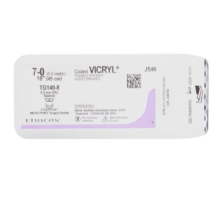 Absorbable Suture with Needle Coated Vicryl™ Polyglactin 910 TG140-8 3/8 Circle Spatula Needle Size 7-0 Braided