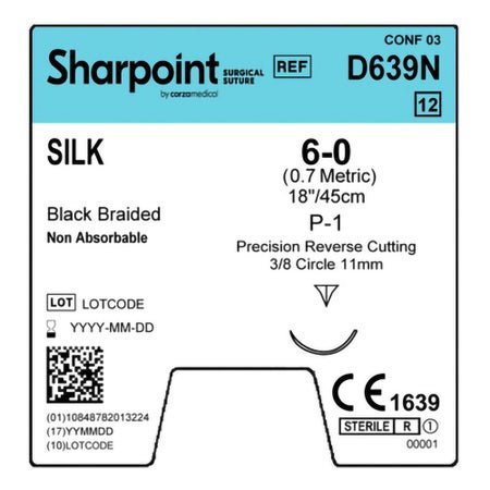 Nonabsorbable Suture with Needle Surgical Specialties™ Silk P-1 3/8 Circle Precision Reverse Cutting Needle Size 6-0 Braided