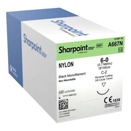 Nonabsorbable Suture with Needle Surgical Specialties™ Nylon DS12 3/8 Circle Precision Reverse Cutting Needle Size 6-0 Monofilament