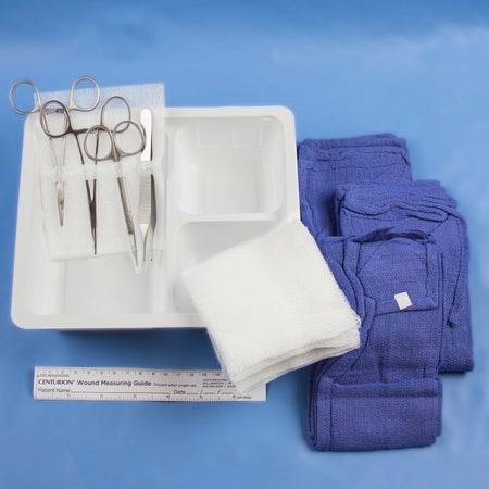 Suture Tray Centurion® (1) Tray, 3 Compartment, (1) Instrument Holder, (1) Webster Snag Free Needle Holder Extra Fine, (1) Mosquito Hemotat Curved Satin, (1) Iris Scissor Straight Satin,
