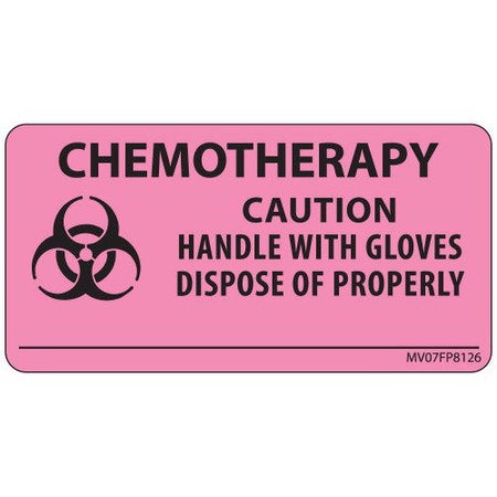 Pre-Printed Label MedVision® Caution Label Pink Paper Chemotherapy Caution Handle With Gloves Dispose Of Properly Black Biohazard 1-1/2 X 2-15/16 Inch