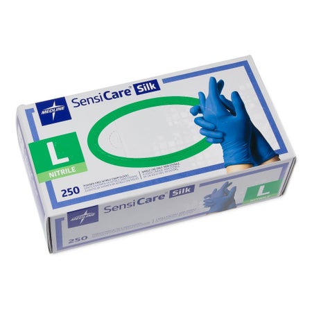Exam Glove SensiCare® Silk Large 250 per Box NonSterile Nitrile Standard Cuff Length Textured Fingertips Dark Blue Chemo Tested