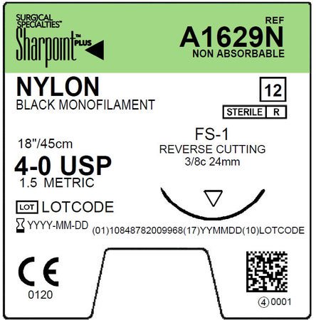 Nonabsorbable Suture with Needle Surgical Specialties™ Nylon DS24 3/8 Circle Reverse Cutting Needle Size 4-0 Monofilament