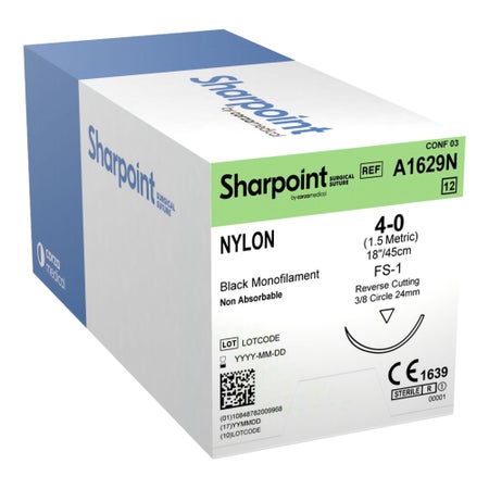 Nonabsorbable Suture with Needle Surgical Specialties™ Nylon DS24 3/8 Circle Reverse Cutting Needle Size 4-0 Monofilament