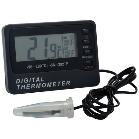 Digital Block Heater Thermometer with Alarm Celsius -58° to +158°F (-50° to +70°C) Bottle Probe Battery Operated