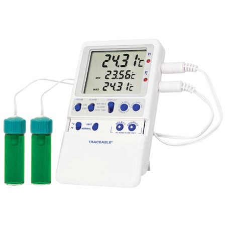 Digital Refrigerator / Freezer Thermometer with Alarm Traceable® Hi-Accuracy Fahrenheit / Celsius -58° to +158°F (-50° to +70°C) 2 Vaccine Bottle Probes Multiple Mounting Options Battery Operated
