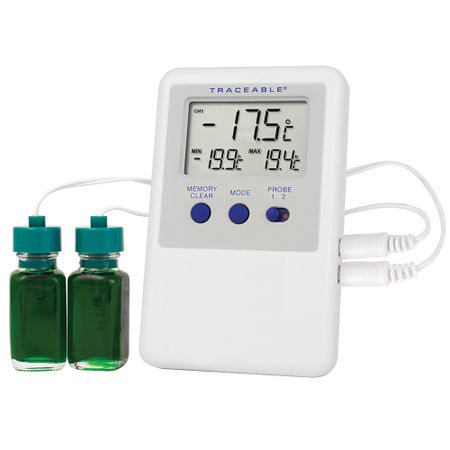 Digital Refrigerator / Freezer Thermometer with Alarm Traceable® Ultra™ Fahrenheit / Celsius -58° to +158°F (-50° to +70°C) 2 Bottle Probes Multiple Mounting Options Battery Operated