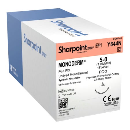 Absorbable Suture with Needle Monoderm™ Polyglycolic Acid / PCL PC-3 3/8 Circle Precision Conventional Cutting Needle Size 5-0 Barbed Monofilament