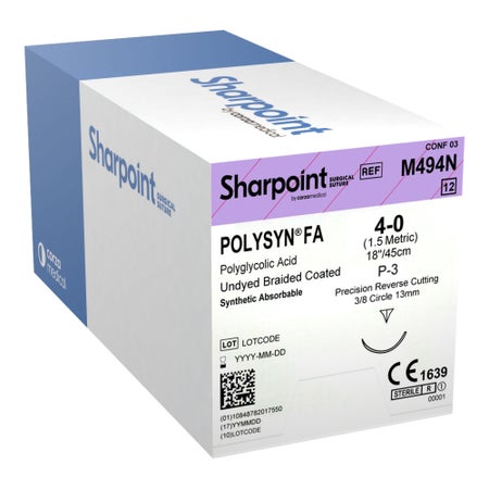 Absorbable Suture with Needle PolySyn FA™ Polyglycolic Acid DSM13 3/8 Circle Precision Reverse Cutting Needle Size 4-0 Braided