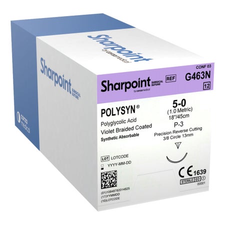 Absorbable Suture with Needle PolySyn™ Polyglycolic Acid P-3 3/8 Circle Precision Reverse Cutting Needle Size 5-0 Braided