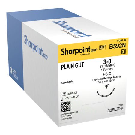 Absorbable Suture with Needle Surgical Specialties™ Plain Gut DSM19 3/8 Circle Precision Reverse Cutting Needle Size 3-0 Monofilament